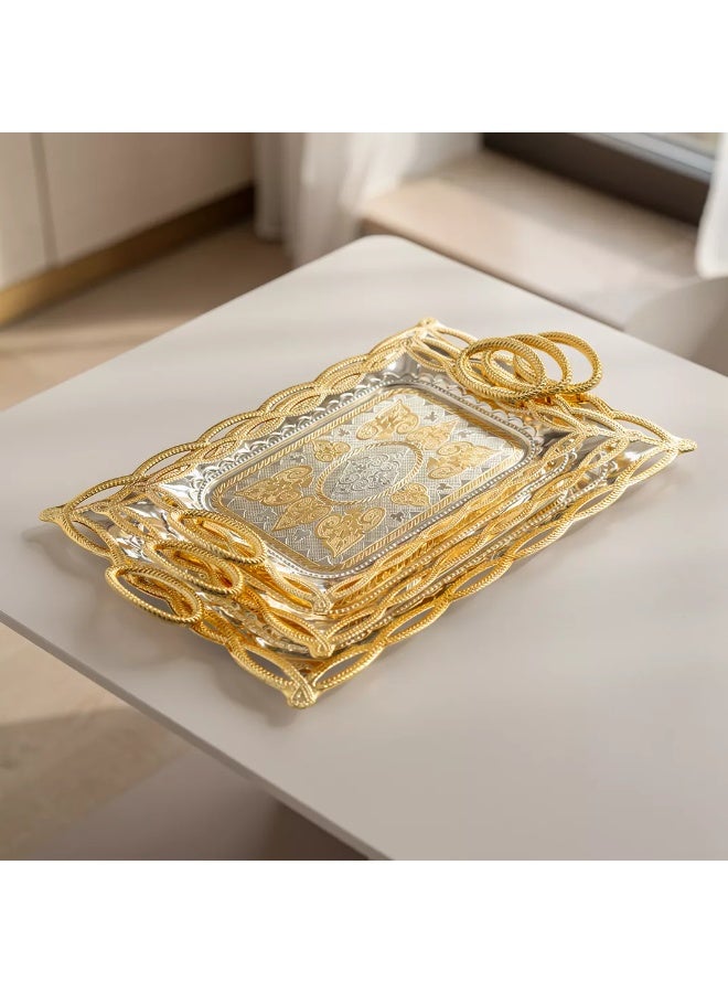 Si Bonne Luxury Rectangular Gold Decorative Serving Tray with Ornate Handles, Elegant Metal Display Tray - Image 3